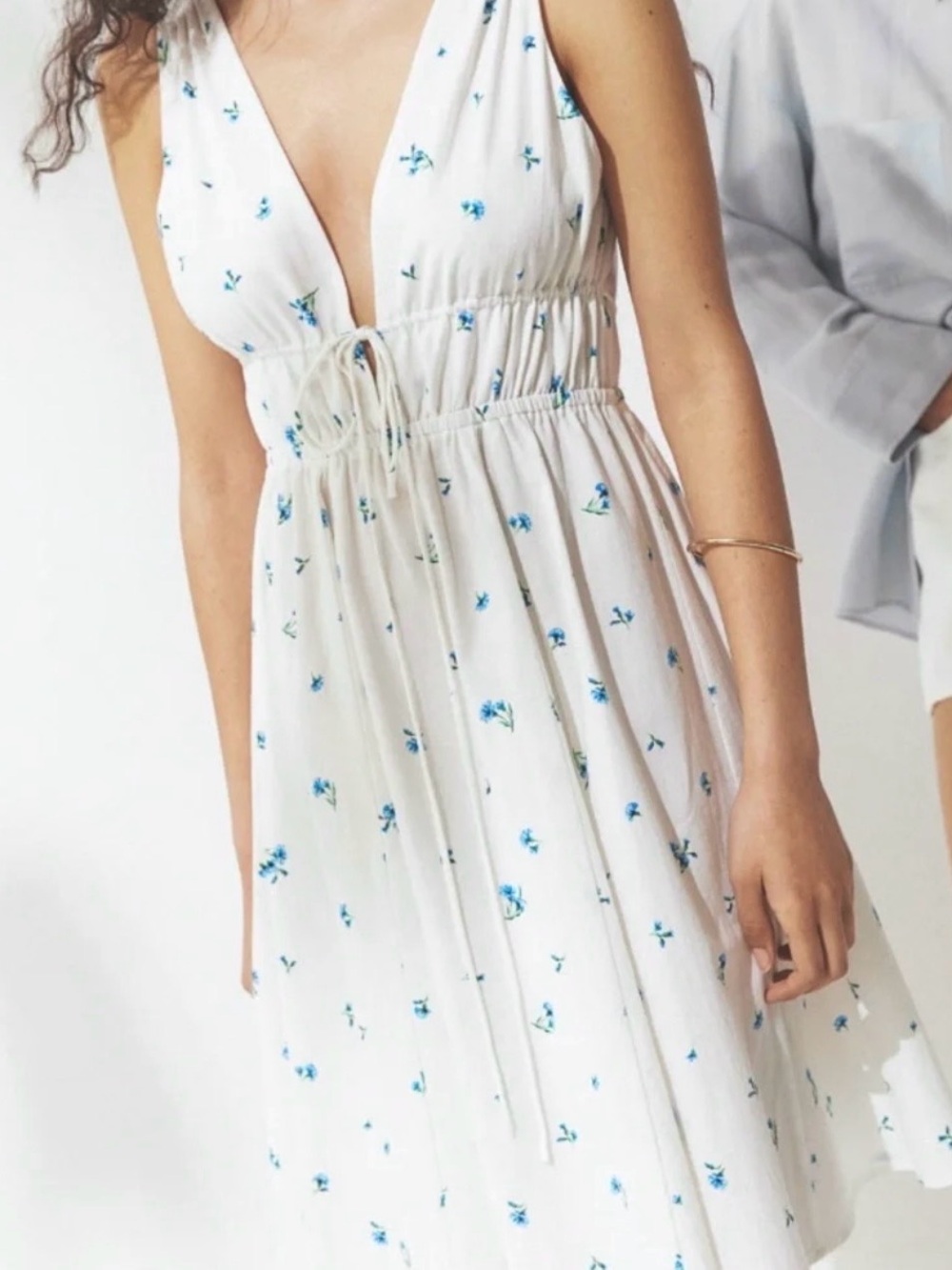 H&M White Midi Dress with Blue Floral Print